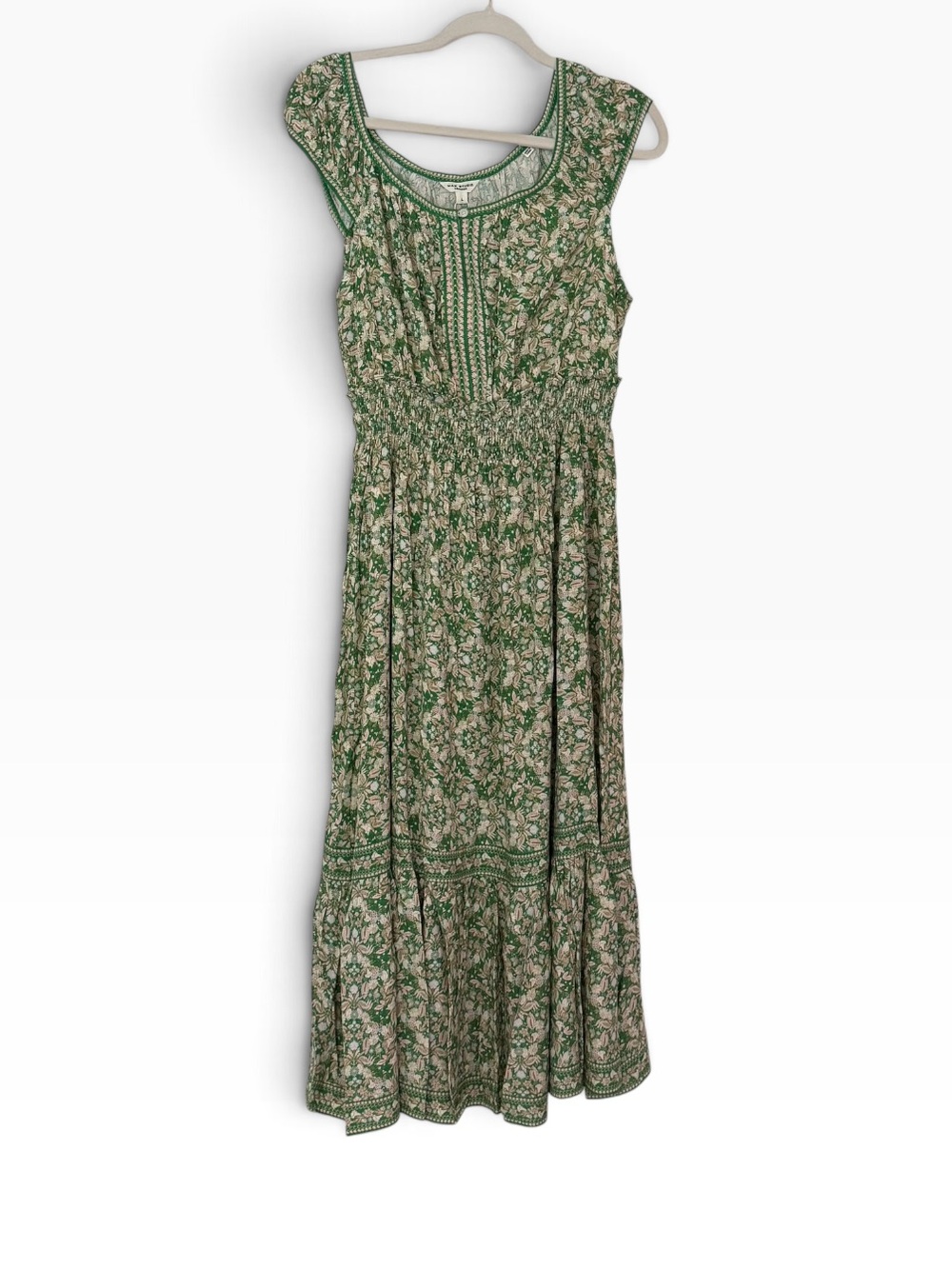 Max Studio London Green Floral Smocked Waist Boho Maxi Dress, Large